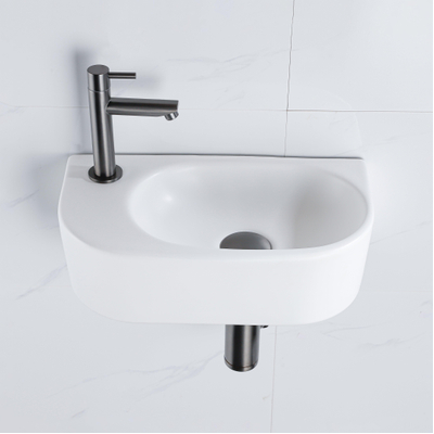 QeramiQ Fuente fonteinset – halfrond – 40x21.5x12 cm – keramiek wit mat – kraangat links – kraan gunmetal