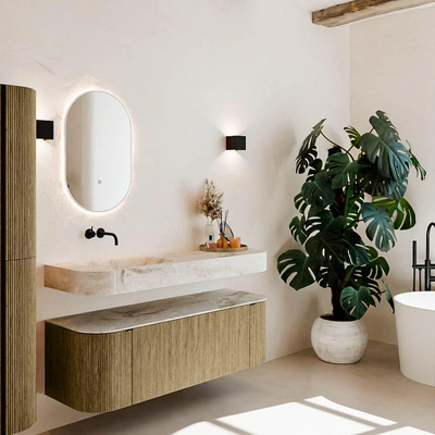 MONDIAZ THOR-DLUX 140cm meuble de salle de bains arrondi gauche + droite couleur Dusk avec 1 tiroir et 2 portes. Vasque suspendue CLOUD gauche sans trou de robinet couleur Frappe.