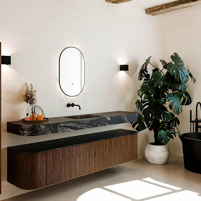 MONDIAZ THOR-DLUX Meuble de salle de bains - 200cm - arrondi gauche + droite - couleur Walnut - 2 tiroirs et 2 portes - Vasque suspendue CLOUD Milieu sans trou de robinet - couleur Lava