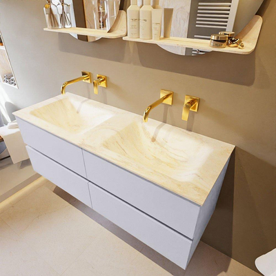 Mondiaz VICA-DLUX Ensemble de meuble de salle de bain - 130cm - meuble sous-vasque cale - 4 tiroirs - lavabo encastrée cloud double - sans trous de robinet - version haute de 60cm - ostra