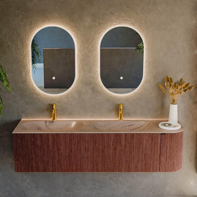 MONDIAZ KURVE-DLUX Meuble de salle de bains 165cm arrondi à droite couleur Ruby avec 2 tiroirs et 1 porte. Lavabo STOR SMALL Double / Gauche 2 trous de robinet Arena.