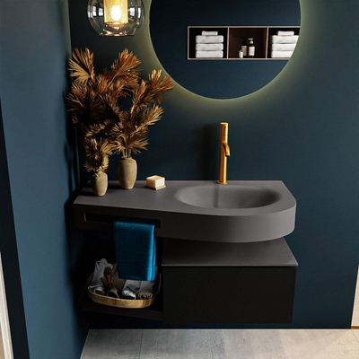 MONDIAZ RIVA Ensemble de meuble salle de bain - 100x50x30cm - 1 tiroir - MDF Urban mat - push to open - 1 trou de robinet - lavabo à droite - solid surface gris foncé