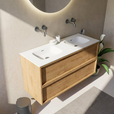Saniclass Holz Frame Ensemble de meuble de salle de bains - 120x45x61.5cm - Flow lavabo en Solid Surface blanc - 2 vasques - sans trous de robinet - 2 tiroirs - chêne natural mat (bois)