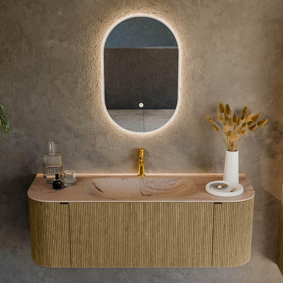 MONDIAZ KURVE-DLUX Meuble de salle de bains 130cm arrondi Gauche + Droite couleur Dusk avec 1 tiroir et 2 portes. Lavabo BIG SMALL Central 1 trou de robinet Arena.