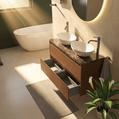 Saniclass Holz Pure Ensemble meuble de salle de bains - 120x45x63cm - Plan de travail en pierre naturelle Noche dark emperador - 2 trous de robinetterie - 4 tiroirs - walnut pure mat (bois)