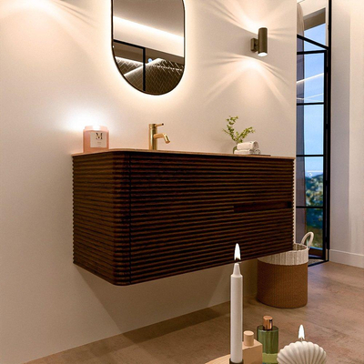 Mondiaz CIRO-DLUX Meuble de salle de bains - 110x45x50cm - Plan vasque Solid surface Saba - 1 vasque à gauche - 1 trou de robinet - 2 tiroirs - Noyer