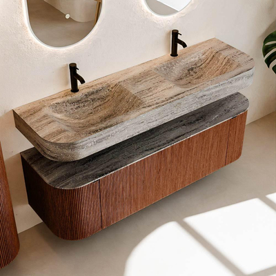 MONDIAZ THOR-DLUX 150cm meuble de salle de bains arrondi gauche + droite couleur Ruby avec 1 tiroir et 2 portes. Vasque suspendue CLOUD Double 2 trous de robinet couleur Oza.