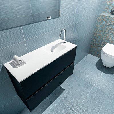 MONDIAZ ADA Meuble de toilette - 80x30x50cm - 1 trou de robinet - 2 tiroirs - urban mat - lavabo à droite - Solid surface - Blanc