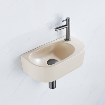 QeramiQ Fuente Fonteinset - 40x21.5x12cm - rechts - glad - halfrond - 1 kraangat - keramiek - fonteinkraan gunmetal - afvoerplug - verlaagd sifon - beige