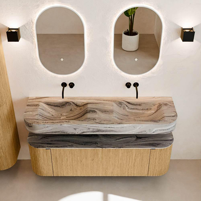 MONDIAZ THOR-DLUX 150cm badmeubel ronding links + rechts kleur Oak met 1 lade en 2 deuren. Vrijhangende wastafel CLOUD Dubbel zonder kraangat kleur Sombra.