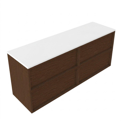Saniclass Holz Frame Badkamermeubelset - 160x45x62.5cm - Torino solid surface topblad wit - zonder kraangat - 4 lades - mat walnut pure (hout)