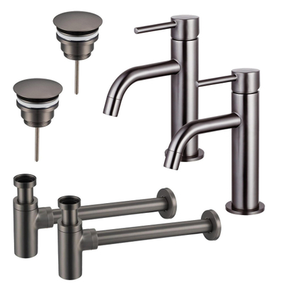 FugaFlow Eccelente Sobrado Badkamer Slim Wastafelkraanset - voor dubbele wastafel - lage wastafelkraan - always open plug - design sifon - PVD Gepolijst Gunmetal