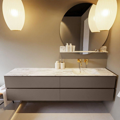 Mondiaz VICA-DLUX ensemble de meuble de salle de bain - 200cm - meuble sous-vasque fumée - 4 tiroirs - lavabo encastré nuage droite - sans trous de robinet - version haute de 60cm - glace