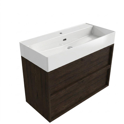Saniclass Holz Frame Ensemble de meubles de salle de bains - 100x45x72cm - Legend lavabo en céramique blanc - 1 vasque - 1 trou de robinet - 2 tiroirs - chêne charbon mat (bois)