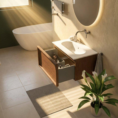 Saniclass Holz Frame Ensemble meuble de salle de bains - 80x45x53.9cm - Vasque en céramique Chaci blanche - 1 vasque - sans trou de robinet - 1 tiroir - walnut pure mat (bois)