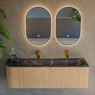 MONDIAZ KURVE-DLUX 145cm Meuble salle de bain avec module 25 G - couleur Oak - 1 tiroir - 1 porte - vasque BIG LARGE droite - 2 trous de robinet - couleur Lava