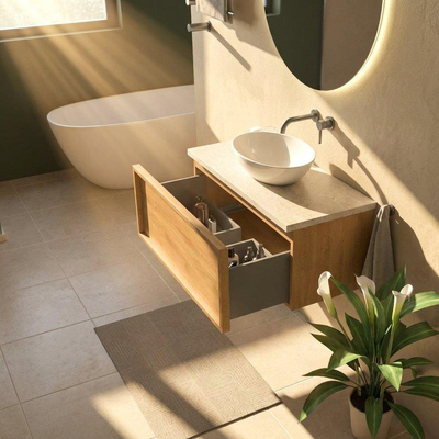 Saniclass Holz Frame Ensemble de meubles de salle de bains - 100x45x43cm - Plan de travail en pierre naturelle travertin - sans trou de robinetterie - 1 tiroir - chêne natural mat (bois)