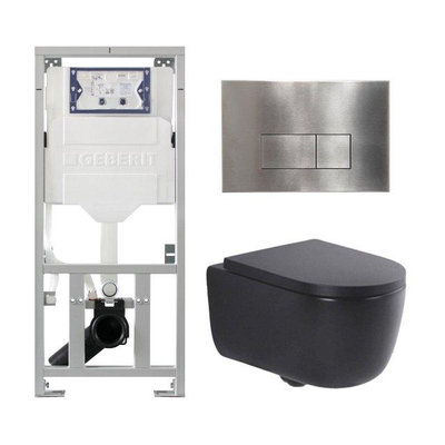 QeramiQ Dely Swirl Ensemble WC- 36.3x51.7cm - Réservoir encastré Geberit UP320 - Abattant de 35mm d'épaisseur - Plaque de commande en inox- Boutons rectangulaires - Noir mat