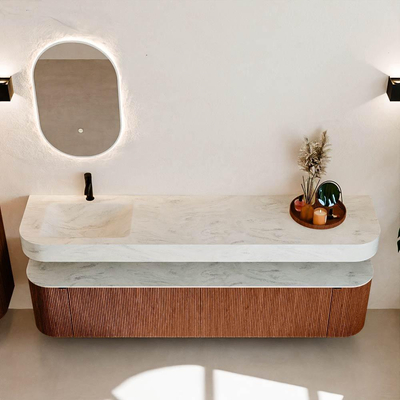 MONDIAZ THOR-DLUX 200cm meuble de salle de bains arrondi gauche + droite couleur Ruby avec 2 tiroirs et 2 portes. Vasque suspendue CLOUD gauche 1 trou de robinet couleur Opalo.