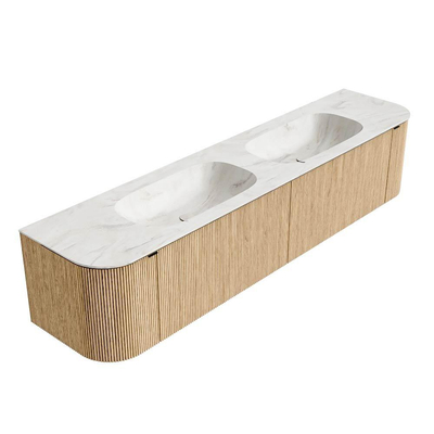 MONDIAZ KURVE-DLUX Meuble de salle de bains 200 cm avec module 25 Len R couleur Chêne avec 2 tiroirs et 2 portes. Lavabo STOR SMALL double sans trou de robinet couleur Ostra.