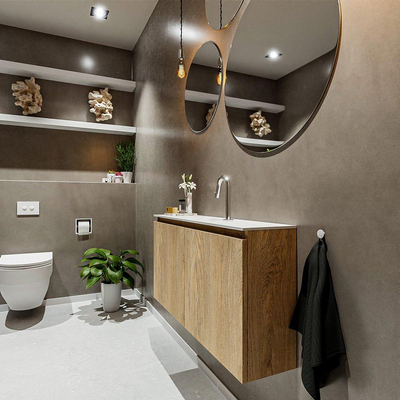MONDIAZ TURE Toiletmeubel 100x23x50cm met 1 kraangaten 2 deuren washed oak mat Wastafel Eden midden Solid Surface Wit