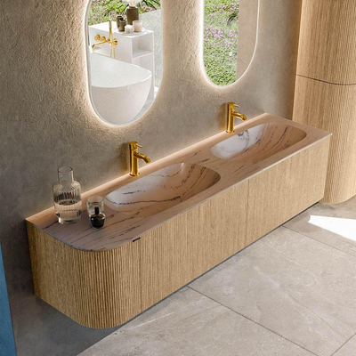 MONDIAZ KURVE-DLUX 175cm meuble de salle de bains arrondi à gauche couleur Chêne avec 2 tiroirs et 1 porte. Lavabo STOR SMALL Double / Droite 2 trous de robinet Arena.