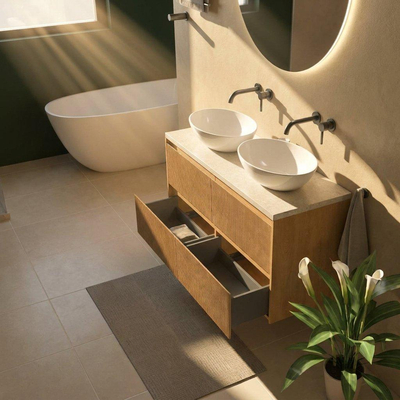 Saniclass Holz Atelier Ensemble meuble de salle de bains - 120x45x63cm - Plan de travail en pierre naturelle travertin - sans trou de robinet - 2 tiroirs - chêne natural mat (bois)