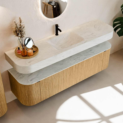 MONDIAZ THOR-DLUX 170cm badmeubel ronding links + rechts kleur Oak met 1 lade en 2 deuren. Vrijhangende wastafel CLOUD Midden 1 kraangat kleur Opalo.