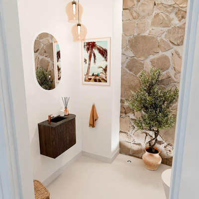 Mondiaz JOYA-DLUX 51.6cm toiletmeubel - ronding rechts kleur Walnut - Wastafel FAYE positie Links 1 kraangat kleur Lava.