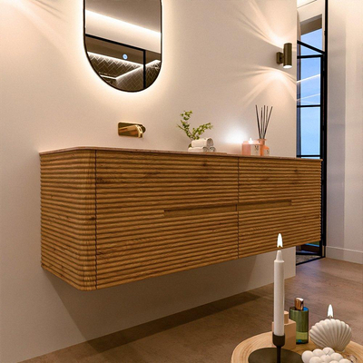 Mondiaz CIRO-DLUX Meuble de salle de bains - 160x45x50cm - Vasque en solid surface Saba - 1 lavabo à gauche - sans trous de robinetterie - 4 tiroirs - Chêne