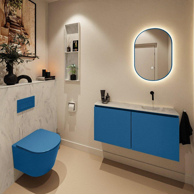 MONDIAZ TURE-DLUX Meuble toilette - 100cm - Jeans - EDEN - vasque Opalo - position droite - sans trou de robinet