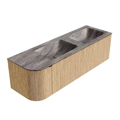 MONDIAZ KURVE-DLUX 145cm badmeubel ronding Links kleur Oak met 1 lade en 1 deur. Wastafel LEAF Dubbel / Rechts zonder kraangat Oza.