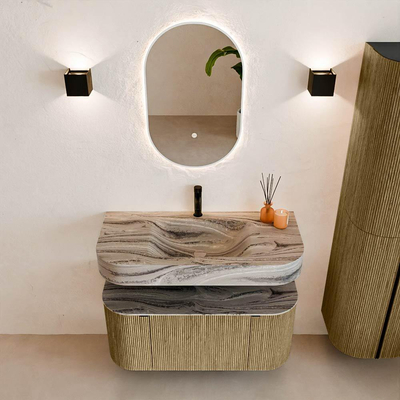 MONDIAZ THOR-DLUX 100cm meuble de salle de bains arrondi gauche + droite couleur Dusk avec 1 tiroir et 2 portes. Vasque suspendue CLOUD Milieu 1 trou de robinet couleur Sombra.