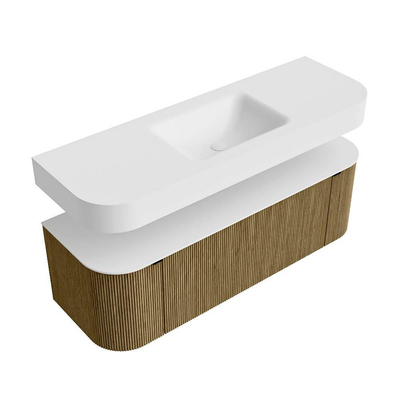 MONDIAZ THOR 140cm meuble de salle de bains arrondi gauche + droite couleur Dusk avec 1 tiroir et 2 portes. Vasque suspendue CLOUD Milieu sans trou de robinet couleur Talc.