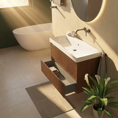 Saniclass Holz Atelier Ensemble de meubles de salle de bains - 100x45x67.5cm - lavabo Wave en céramique - 1 vasque - sans trou de robinet - 2 tiroirs - walnut pure mat (bois)