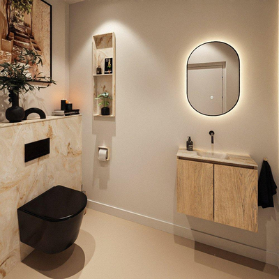MONDIAZ TURE-DLUX Meuble toilette - 60cm - Washed Oak - EDEN - vasque Frappe - position centrale - sans trou de robinet