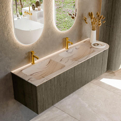 MONDIAZ KURVE-DLUX meuble de salle de bains 155cm arrondi droit couleur Shadow avec 2 tiroirs et 1 porte. Lavabo LEAF double / gauche 2 trous de robinet Nata.