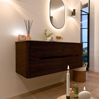 Mondiaz CIRO-DLUX Meuble de salle de bains - 130x45x50cm - Plan vasque Solid surface Oza - 1 lavabo à droite - sans trous de robinetterie - 4 tiroirs - Noyer