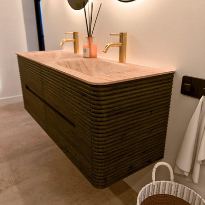 Mondiaz CIRO-DLUX Badkamermeubelset - 130x45x50cm - Solid surface wastafel Saba - 2 wasbak Dubbel - 2 kraangaten - 4 lades - Shadow