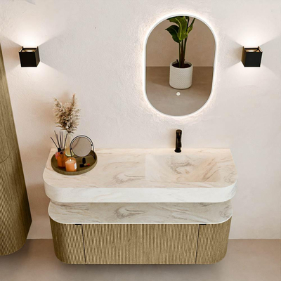 MONDIAZ THOR-DLUX 130cm meuble de salle de bains arrondi gauche + droite couleur Dusk avec 1 tiroir et 2 portes. Vasque suspendue CLOUD Droite 1 trou de robinet couleur Ostra.