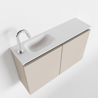 MONDIAZ TURE Kit lave-mains - 80x23x50cm - 1 trou de robinet - 2 portes - lin mat - Lavabo à gauche - Solid Surface Blanc