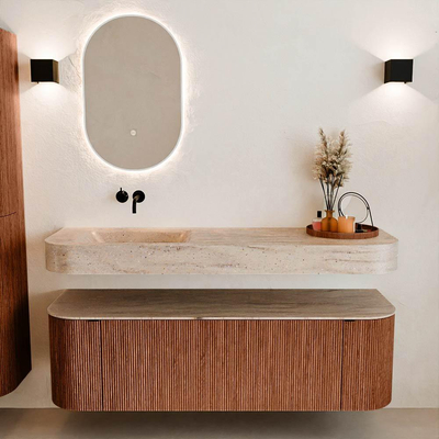 MONDIAZ THOR-DLUX 150cm meuble de salle de bains arrondi gauche + droite couleur Ruby avec 1 tiroir et 2 portes. Vasque suspendue CLOUD Gauche sans trou de robinet couleur Saba.