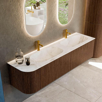 MONDIAZ KURVE-DLUX 175cm badmeubel met module 25 L kleur Walnut met 2 lades en 1 deur. Wastafel STOR SMALL dubbel / rechts 2 kraangaten kleur Frappe.