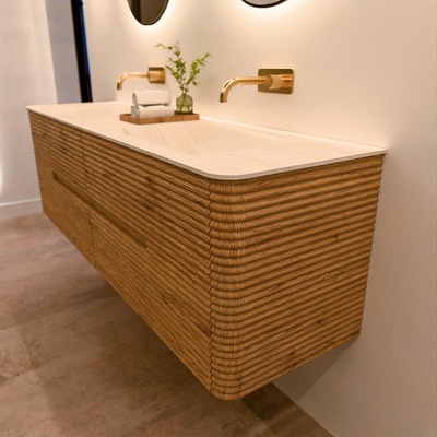 Mondiaz CIRO-DLUX Meuble de salle de bains - 160x45x50cm - Plan-vasque Solid Surface Meli - 2 cuves Double - sans trous de robinetterie - 4 tiroirs - Chêne