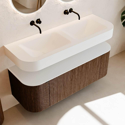 MONDIAZ THOR 130cm meuble de salle de bains arrondi gauche + droite couleur Walnut avec 1 tiroir et 2 portes. Vasque suspendue CLOUD Double sans trou de robinet couleur Talc.