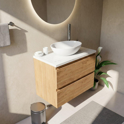 Saniclass Holz Pure Ensemble de meubles de salle de bains - 80x45x63cm - Plan vasque en marbre Dia poli (blanc) - 1 trou de robinet - 2 tiroirs - chêne natural mat (bois)