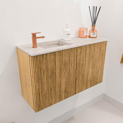 Mondiaz JOYA-DLUX 70cm toiletmeubel - kleur Oak - Wastafel FAYE positie Links 1 kraangat kleur Nata.