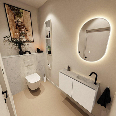 MONDIAZ TURE-DLUX Meuble de toilettes 80 cm Talc. Lavabo EDEN Opalo position droite. Avec 1 trou de robinet.