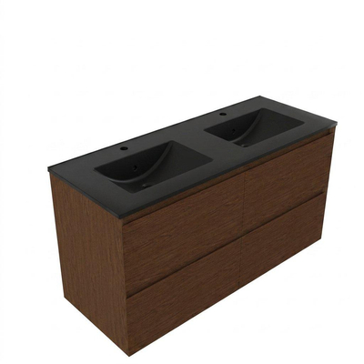 Saniclass Holz Pure Ensemble de meubles de salle de bains - 120x45x62cm - Vygo lavabo en céramique noir - 2 vasques - 2 trous de robinetterie - 4 tiroirs - mat walnut pure (bois)