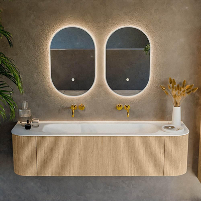 MONDIAZ KURVE 170cm Meuble salle de bain avec module 25 G et D - couleur Oak - 1 tiroir - 2 portes - vasque BIG LARGE centre - sans trous de robinet - Talc